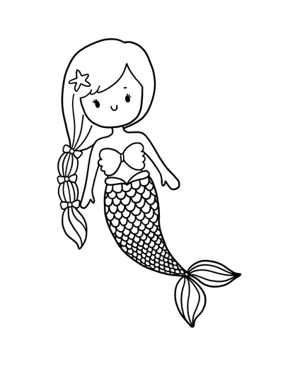 A mermaid wearing a starfish hair clip holds a long braid, her tail fins spread below.