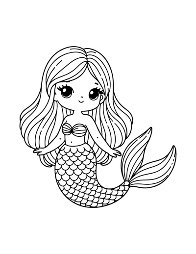 A mermaid with big eyes and long hair sits upright with her scaled tail swept to the side.
