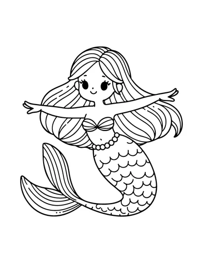 A smiling mermaid with long wavy hair spreads her arms wide, her scaled tail curling below.