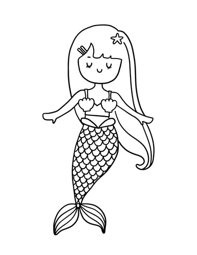 A mermaid with long straight hair and a starfish clip stands upright with a long scaled tail.