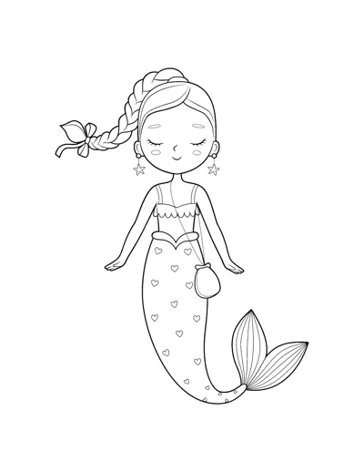 A mermaid with closed eyes, a braid and a bow smiles, her heart-patterned tail ending in fins.