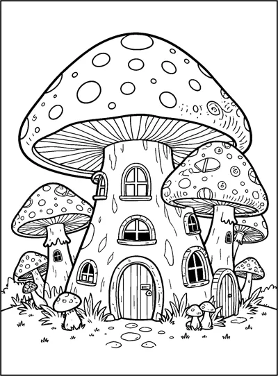 A large spotted mushroom house with windows and an arched door, surrounded by smaller mushroom homes and grass.