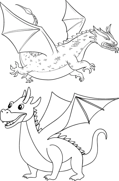 Two dragons with spread wings fly one above the other.