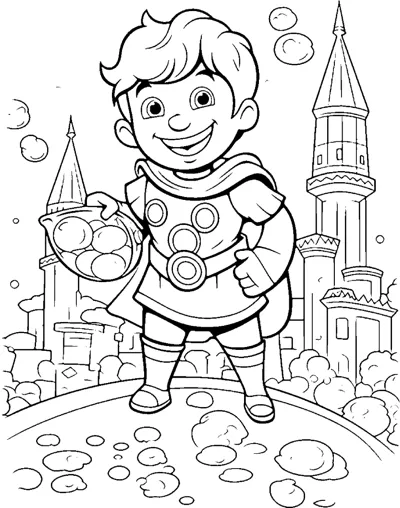 A boy in a cape and armor holds a basket of fruit in front of castle towers.