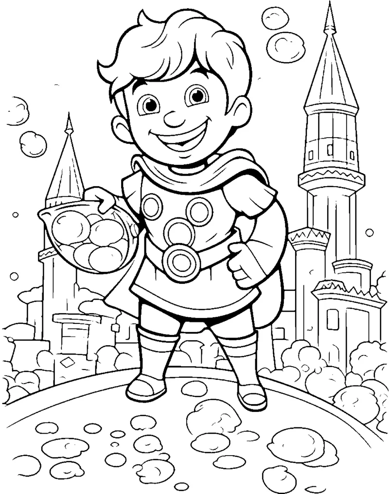 A boy in a cape and armor holds a basket of fruit in front of castle towers.