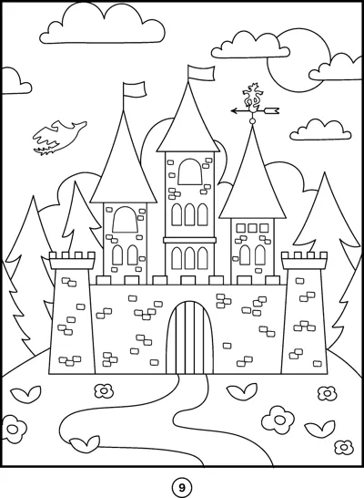 A castle with towers, flags, a gate and a winding path, with clouds and a bird above.