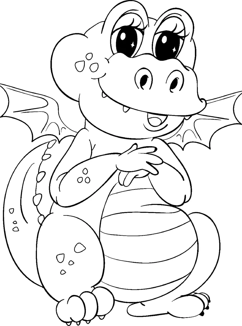 A round-bellied baby dragon with small wings and big eyes stands facing forward.