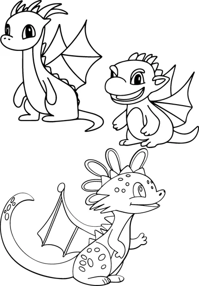 Three small dragons with wings and horns sit and stand together on the page.
