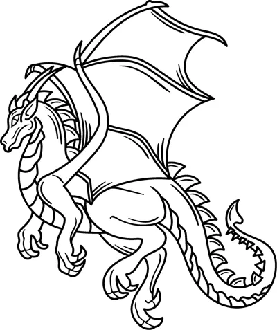 A dragon with huge outstretched wings, horns and a long tail swoops down.