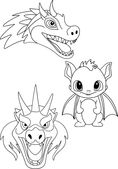 Two roaring dragon heads, a horned dragon face and a small winged baby dragon arranged on one page.