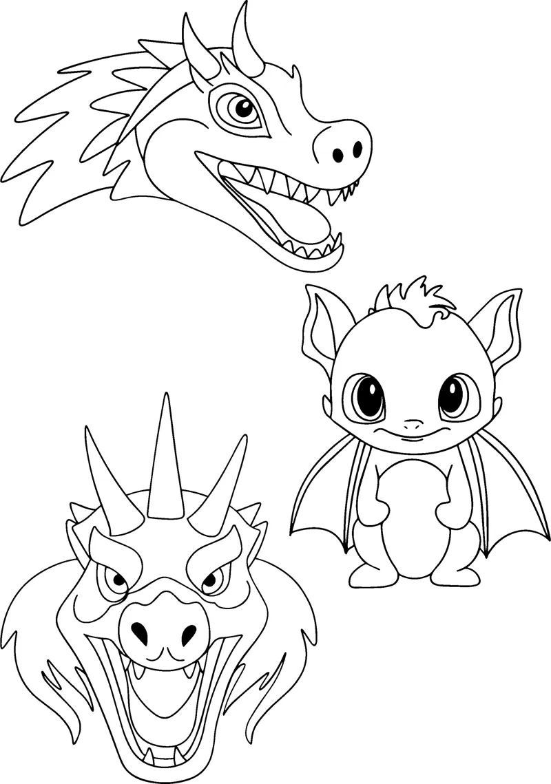 Two roaring dragon heads, a horned dragon face and a small winged baby dragon arranged on one page.