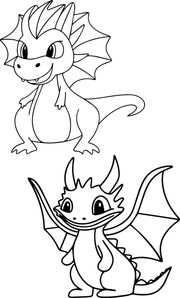 A frilled dragon standing upright and a winged dragon with horns waving its paw.