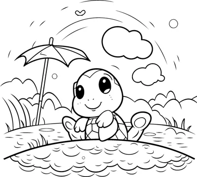 A small round dragon sits on a sandy island by the water with a beach umbrella, clouds and sun.