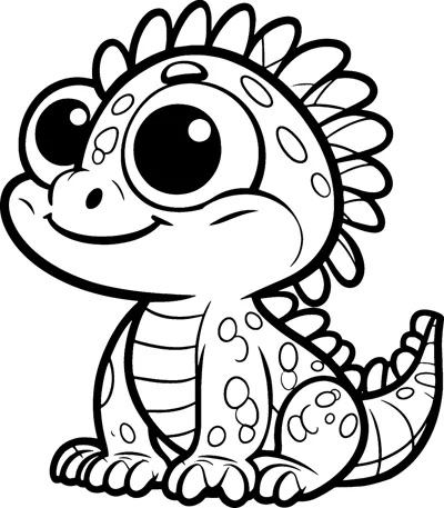 A chubby baby dragon with huge eyes, spots on its body and a spiky back sits facing forward.