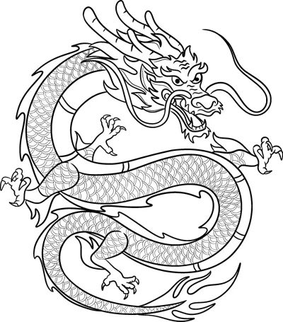 A long serpentine dragon with scales, claws and whiskers coils across the whole page.