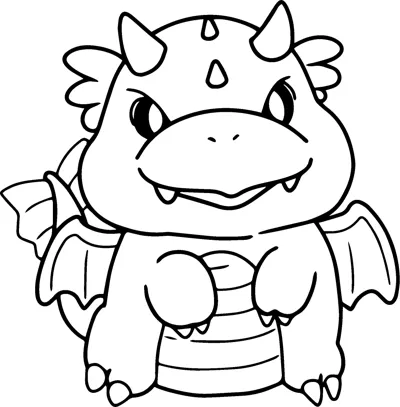 A chunky cartoon dragon with two horns, small wings and a frowning face stands with arms crossed.