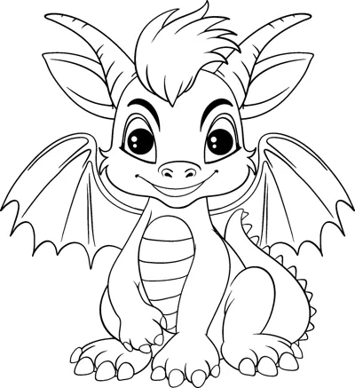 A cute dragon with curved horns, open wings and a striped belly sits and smiles.