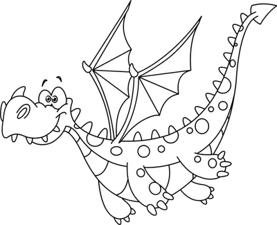 A long-necked spotted dragon with wide wings flies across the page with its tail trailing.