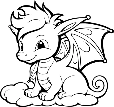 A small dragon with a tuft of hair and spread wings sits on a fluffy cloud.