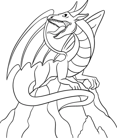 A dragon with open jaws and raised wings stands on rocks with its long tail curling down.