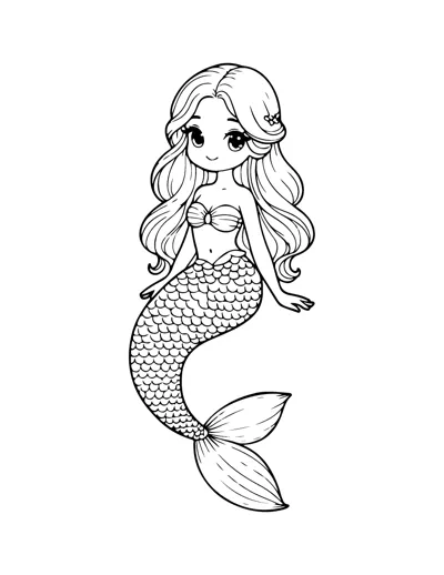 A mermaid with curly hair and a shell top floats upright with a long finned tail.
