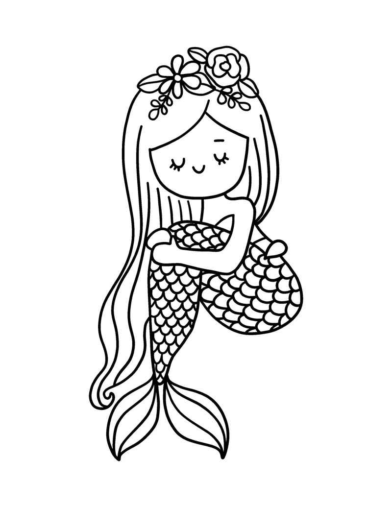 A mermaid with closed eyes and a flower crown hugs her curled tail.