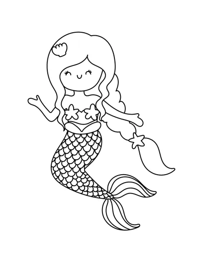 A mermaid with a shell in her hair holds a starfish while her finned tail curls below.