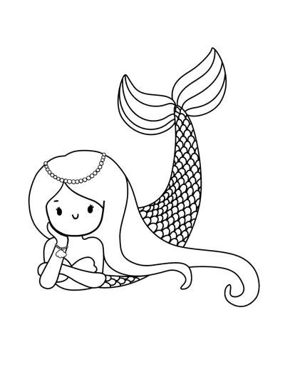 A mermaid with a pearl headband lies on her front with her patterned tail raised high.