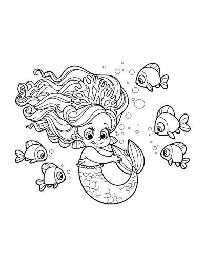 A mermaid with a crown and wavy hair swims among four fish and rising bubbles.