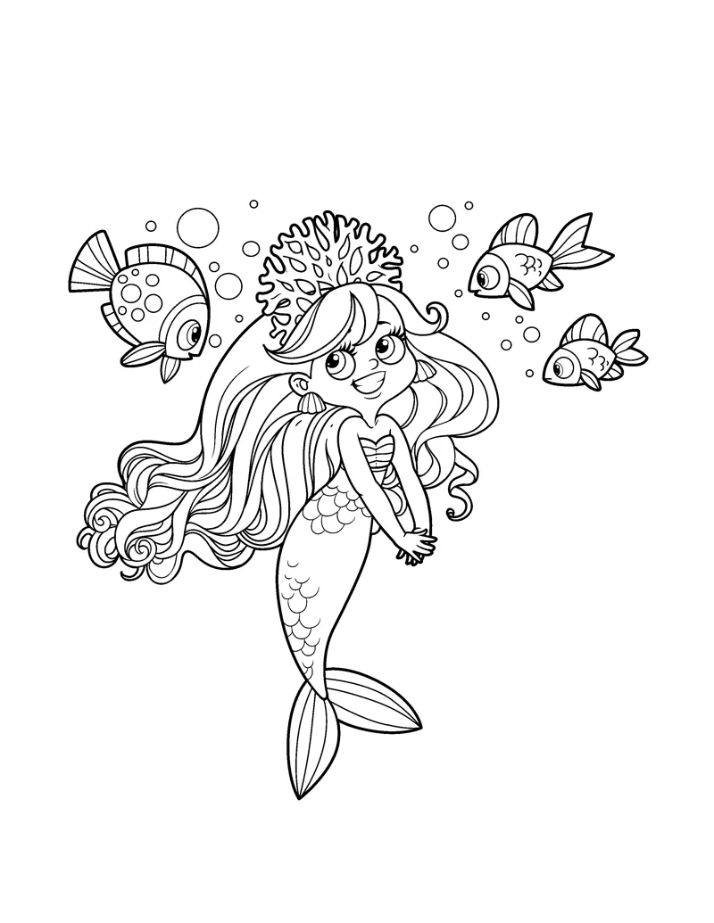 A long-haired mermaid in a crown smiles at three fish swimming beside her head.