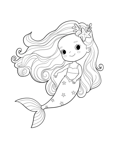 A mermaid with flowing hair and a starfish clip floats, her tail decorated with tiny stars.