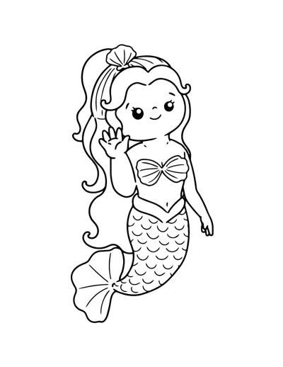 A small mermaid with a ponytail and shell top waves one hand, her scaly tail curled below.