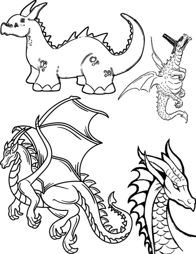 A spotted dragon, a tiny flying dragon, a winged dragon walking and a close-up dragon head share one page.