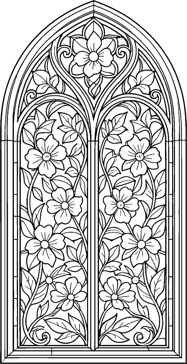 A tall pointed arch window with two panels of flowers and climbing vines, topped by a flower medallion.