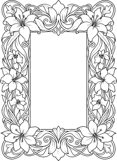 A rectangular frame of lilies, curling vines and leaves around a blank centre space.