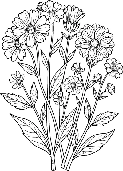 A cluster of daisy-like wildflowers and buds on long stems, with large leaves at the base.