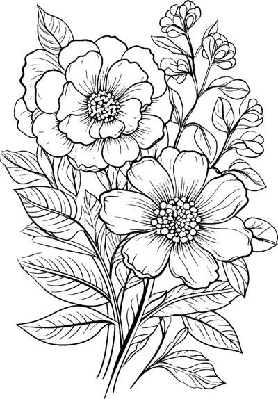 A bunch of large open flowers with layered petals and leafy stems fills a framed page.