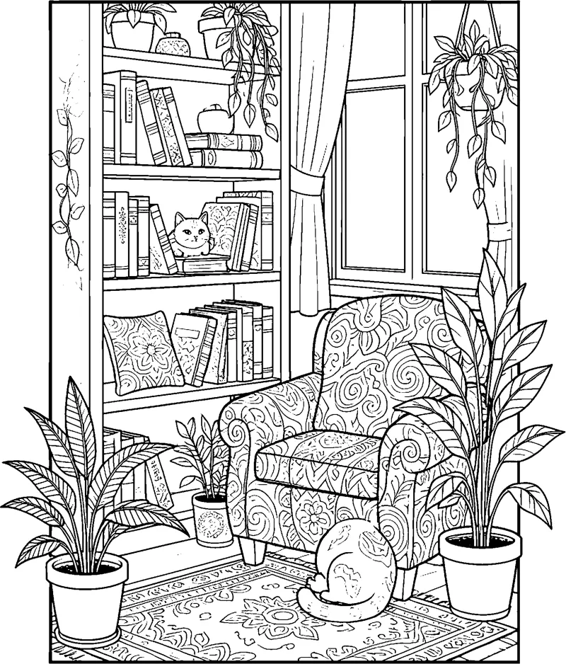 A patterned armchair by a window beside a bookshelf, with one cat on a shelf and one on the rug.
