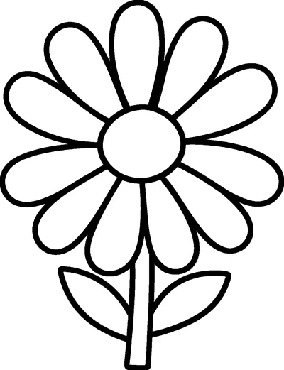 A simple daisy flower with long rounded petals around a round centre, standing on a stem with two leaves.