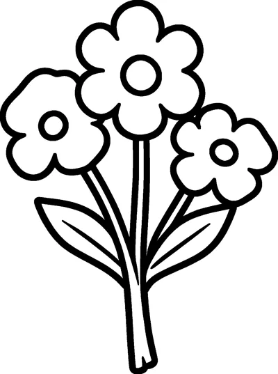 A small bunch of three flowers with round petals and centres, tied together on stems with two leaves.