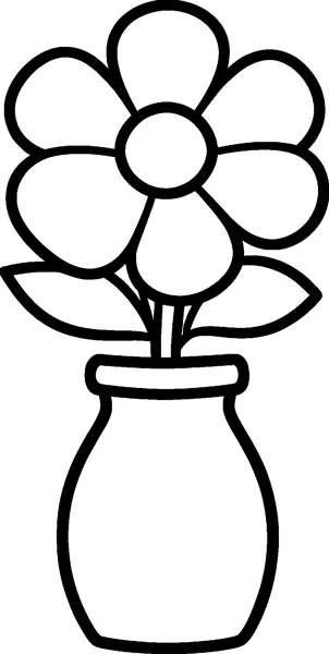 A simple flower with five round petals and two leaves standing in a curvy vase with a rim.