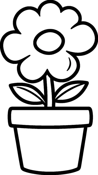 A flower pot holding one big puffy flower with a round centre and two leaves on a short stem.
