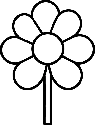 A simple flower with seven big round petals around a large centre on a tall straight stem.