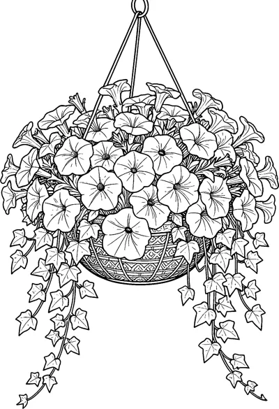 A hanging basket full of open petunias, with long ivy vines trailing down and a patterned basket edge.