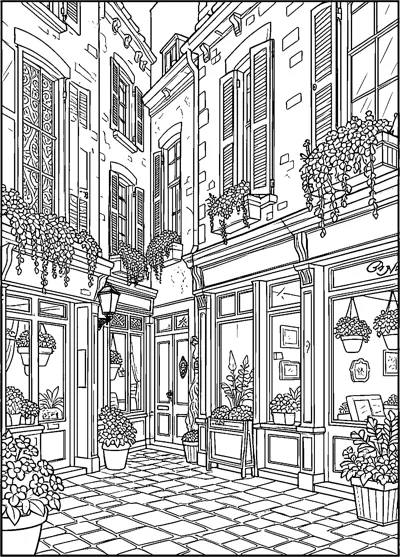 A narrow cobbled street lined with old shopfronts, shuttered windows, flower boxes and potted plants.