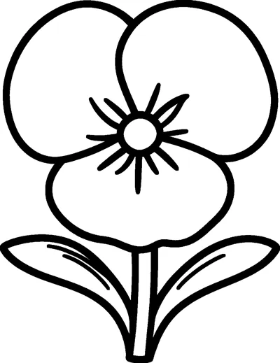 A simple pansy with big rounded overlapping petals, a small centre with thin lines and two leaves below.