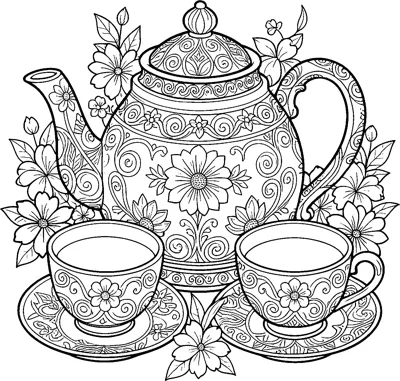 A round teapot and two teacups on saucers, all decorated with flowers and swirls, with blossoms around them.