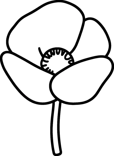 A simple poppy with four big rounded petals around a round centre, standing on a curved stem.