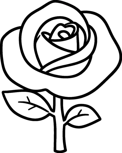 A simple rose with a big swirled bloom of petals on a short stem with two leaves, drawn in thick lines.