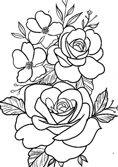 Two roses and several small blossoms are arranged with scattered leaves and buds.